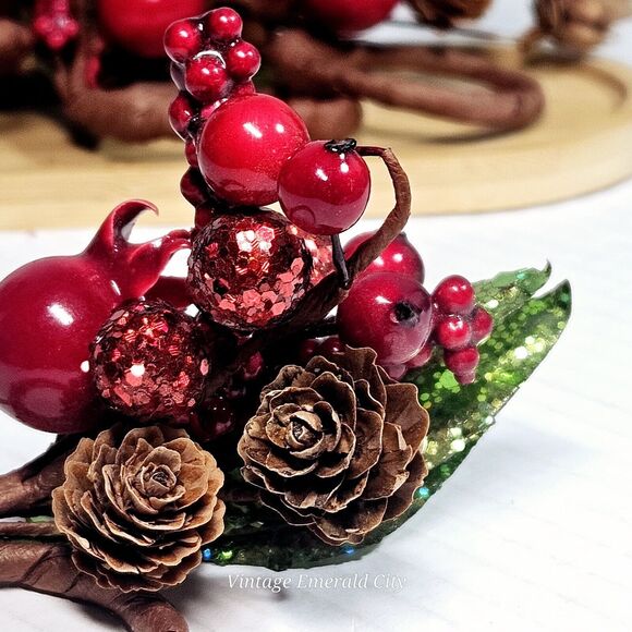 Vtg Pines Berries Twing Cranberry Pinecone Leafs 5 Napking Candle Rings Handmade - Picture 9 of 13